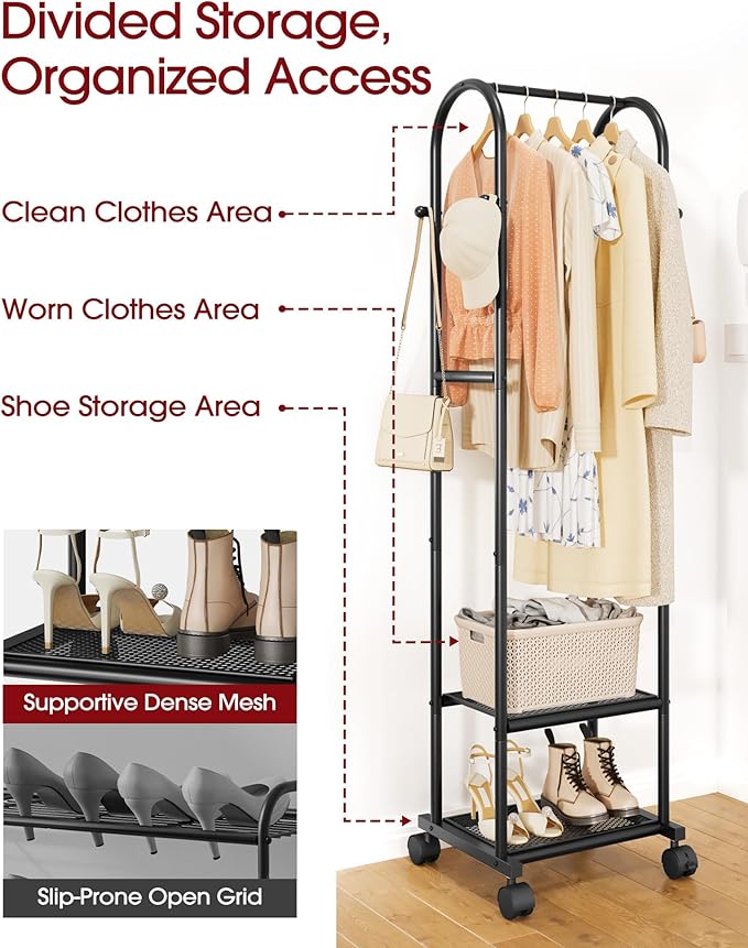 Clothes Rack - Space-Saving Clothing Rack with Wheels, 2-Tier Dense Mesh Shoe Shelves & 4 Hooks, Garment Rack for Bedroom, Entryway, Closet, 18.4" x 12.6" x 72", Black