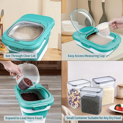 Rice Storage Container, Collapsible Airtight Food Storage Containers 6-20 Lbs, Rice Dispenser with Measuring Cup and Small Bin for Flour Cereal Pasta Grain, Cat Pet Dog Bird Food Container