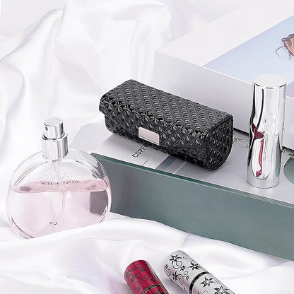 Lipstick Case with Mirror, Diamond Pattern, Vegan Leather Lipstick Holder for One Tube, Slim Makeup Organizer for Travel & Quick Touch-Up (Black)
