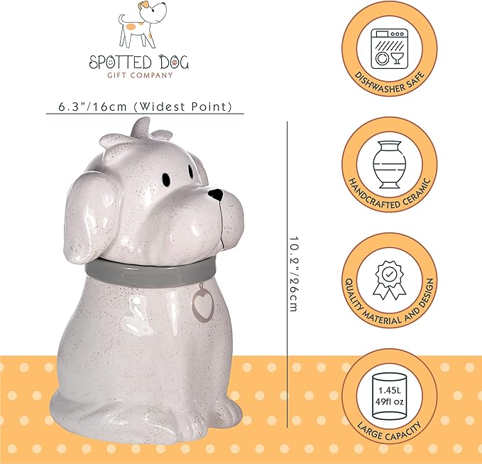 SPOTTED DOG GIFT COMPANY Ceramic Cookie Jar with Lid, Large Dog Treat Jar for Cookies & Biscuits, Cute Novelty Storage Container for Kitchen Counter, Gifts for Dog Lovers - 49oz White