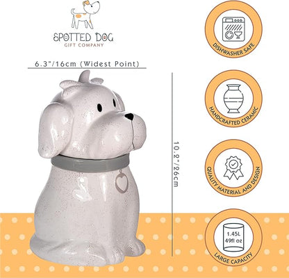SPOTTED DOG GIFT COMPANY Ceramic Cookie Jar with Lid, Large Dog Treat Jar for Cookies & Biscuits, Cute Novelty Storage Container for Kitchen Counter, Gifts for Dog Lovers - 49oz White