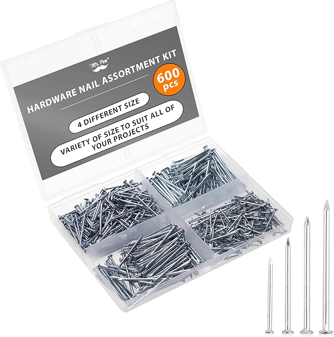 Mr. Pen- Nail Assortment Kit, 600 Pcs, 4 Sizes, Silver, Small Nails for Hanging Pictures, Finishing Nails