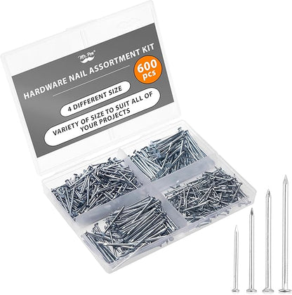 Mr. Pen- Nail Assortment Kit, 600 Pcs, 4 Sizes, Silver, Small Nails for Hanging Pictures, Finishing Nails