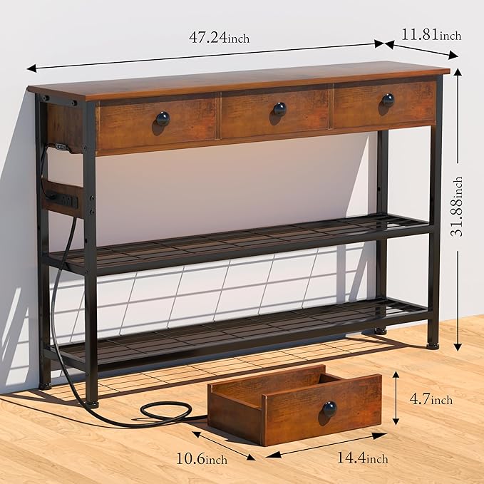 47" Narrow Console/Entryway Table with Storage & 3 Drawers & Outlets, for Sofa & Living Room, Hallway/Foyer/Couch/TV/ Aquarium Stand Table for Entryway with USB Ports, LED Light Strip,Perfect for Home