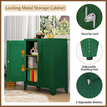36" Tall Metal Storage Cabinet with Lock, File Cabinet with 2 Doors and 2 Adjustable Shelves, Green Bathroom Floor Storage Cabinets, Freestanding Small Locked Cabinets for Home/Office/Garage