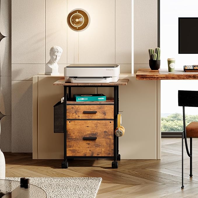 File Cabinet Printer Stand, Fabric Mobile Filing Cabinet with 2 Storage Drawers, for Hanging A4, Letter Size File Folders, Open Shelf with Storage Bag and Hooks Home Office, Rustic Brown