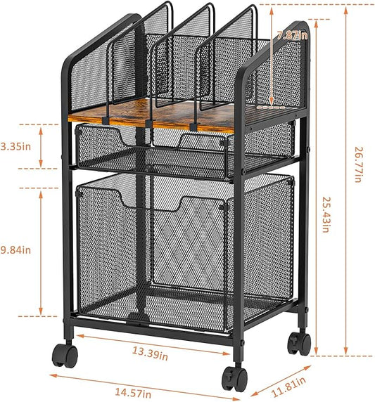 Rolling File Cabinet with Adjustable Dividers, Mobile Filing Cabinet with 2 Storage Drawers on Lockable Wheels, Hanging File Organizer Beside Under Desk for Office, Home（Patent Pending）