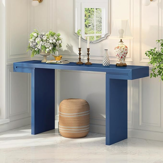 60" Large Console Table with Geometric Clean Lines Design,Stylish Entryway Table with Painted Finish and Adjustable Feet,Suitable for Living Room,Entryway,Navy Blue