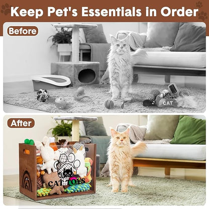 Large Cat Toy Basket Cat Toy Box Wooden Storage Bin with Acrylic Board Storage Box for Puppy Toys Pet Food and Accessories Organizer Holder Basket for Living Room Area(Brown, Cat)