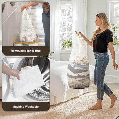 100L Laundry Hamper with Lid, Large Laundry Basket with Bamboo Handles, Clothes Hampers for Laundry with Removable Bag, Dirty Clothes Hampers for Bedroom Aesthetic, Beige