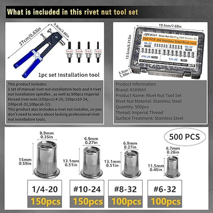 Stainless Steel Imperial Rivet Nut Tool Kit 500pcs, SAE Rivet Nut Combination （1/4-20、10-24、8-32、6-32）, Suitable for Automotive Industrial Applications (ASE Stainless Steel 500pcs)