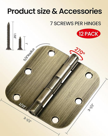 Atique Brass Door Hinges - 12 Pack Atique Door Hinges 3.5 Inch Rounded Interior Door Hinge with 5/8" Radius - Heavy Duty 3 1/2" Brass Hinges for Residential Door Hardware