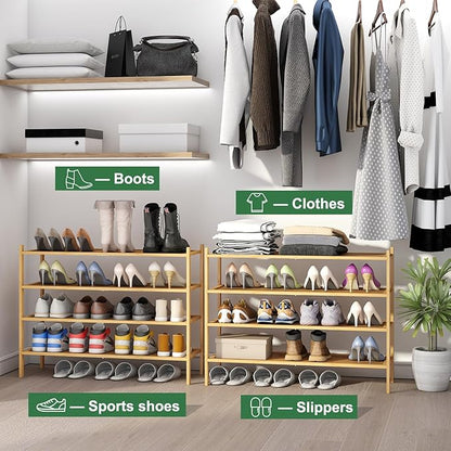 Long Shoe Rack, 4-Tier Bamboo Wood Shoe Rack, Stackable for Closet, Entryway & Hallway