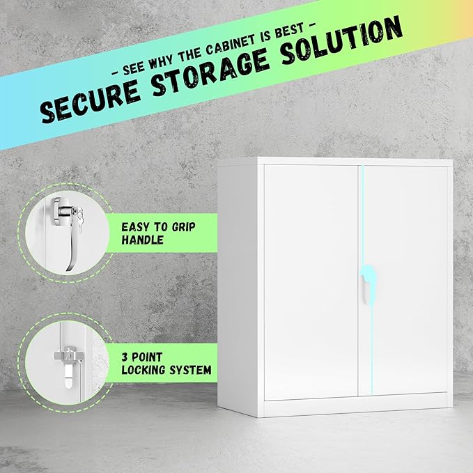 Bonusall Metal Garage Storage Cabinet, 36" H Locking Cabinets with 2 Adjustable Shelves,2 Door Small Pantry Storage for Home Office, Kitchen, Bathroom(White)