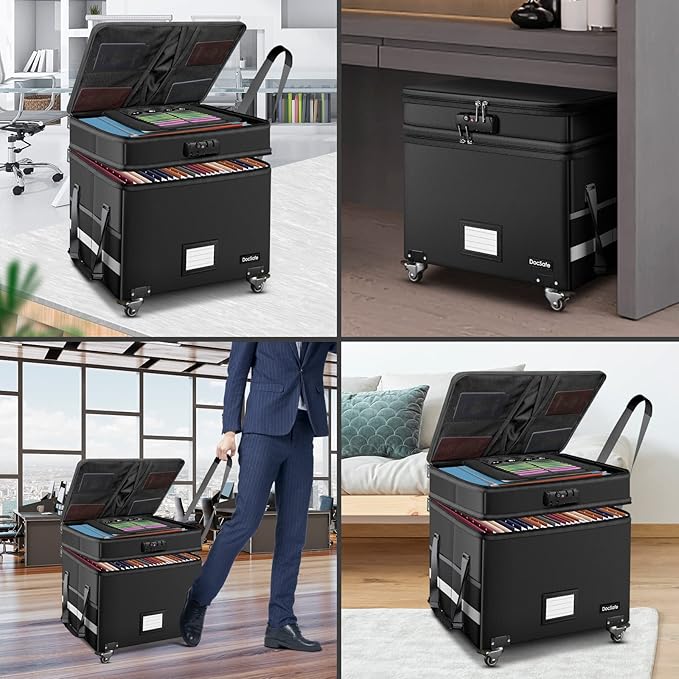 DocSafe Fireproof Document Box with Lock,2-Layer File Box with Wheels,Collapsible File Storage Organizer with Pockets,Large Portable Home Filing Cabinet for Hanging Folders,Black,16''x13.8''x12.2''