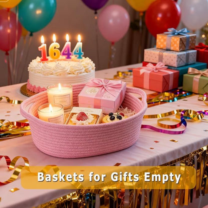 Christmas Baskets for Gifts Empty, Small Woven Basket with Gift Bags & Ribbons, Empty Gift Baskets for Thanksgiving Baby Shower, Cute Nursery Storage Organizer Pet Toy Box 12"X 8" X 5 (Pink, 4 Pack)