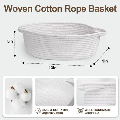 Small Baskets for Gifts Empty, 13"x 9"x 5" Woven Gift Basket with Bag and Ribbon, Cotton Rope Kids Dog Cat Toy Bin Box, Cute Baby Nursery Organizer, Decorative Storage with Handles (White)
