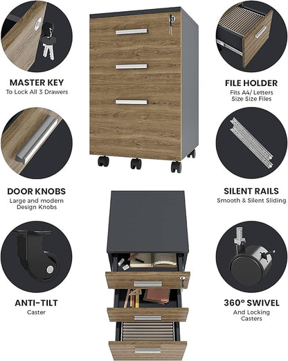 Modern Design Lazio File Cabinet, Filing Cabinets for Home Office, Drawers for Under Desk, Locking 3 Drawer Rolling Wood Filing Cabinet with Lock, Walnut and Black, by Crafts and Comfort