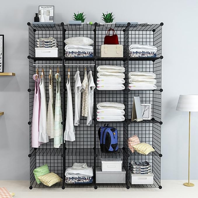 UNICOO - 14 * 14 inch Big Cube Multi Use DIY 20 Cube Wire Grid Organizer, Wardrobe Organizer, Bookcase, Storage - Black Wire