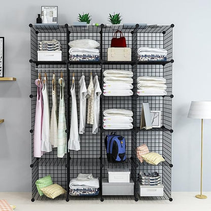 UNICOO - 14 * 14 inch Big Cube Multi Use DIY 20 Cube Wire Grid Organizer, Wardrobe Organizer, Bookcase, Storage - Black Wire