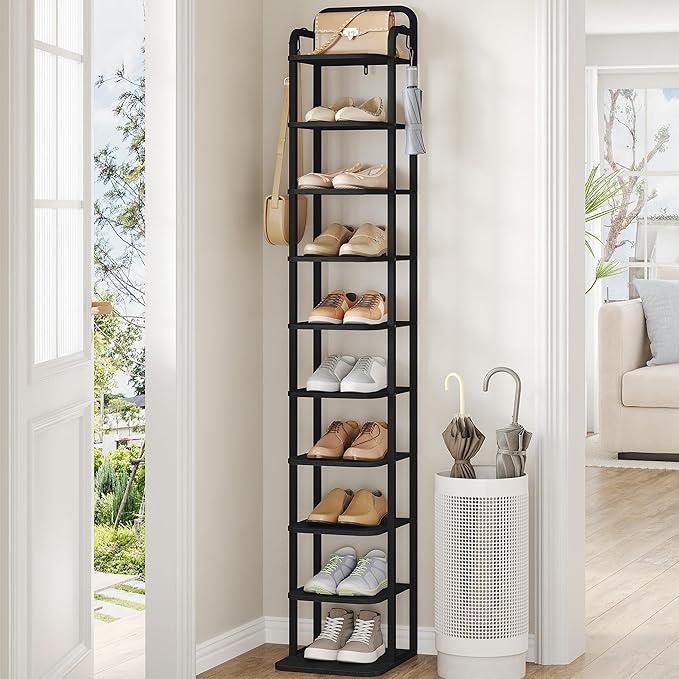 Vertical Shoe Rack, Shoe Shelves, Wood Shoe Organizer for Closet, Entryway, Shoe Tower for Small Spaces, Free Standing, Adjustable, with 2 Hooks, 10 Tier Black SR11204B
