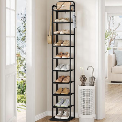 Vertical Shoe Rack, Shoe Shelves, Wood Shoe Organizer for Closet, Entryway, Shoe Tower for Small Spaces, Free Standing, Adjustable, with 2 Hooks, 10 Tier Black SR11204B