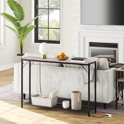 Sofa Table with Power Outlet, 43.7" Console Table with USB Ports, Behind Couch Table, Entryway Table for Living Room, Entryway, Foyer, Metal Frame, Adjustable Feet, Greige CTHG11E01Z1N1