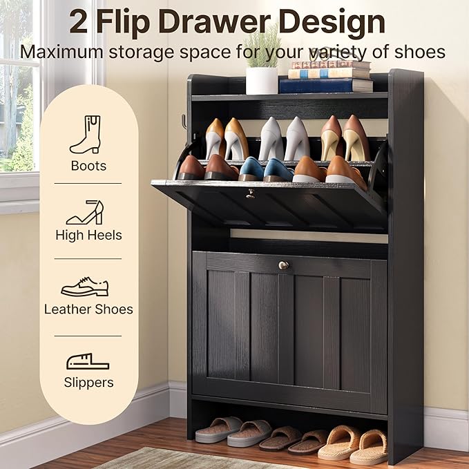 Gizoon Shoe Cabinet with Open Storage, Shoe Storage Cabinet for Entryway, Freestanding Narrow Rack with 2 Flip Drawers, Space-Saving, for Hallway, Black