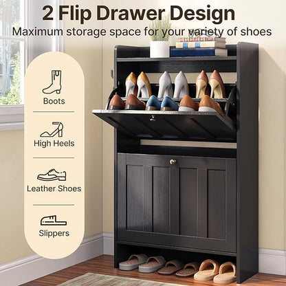 Gizoon Shoe Cabinet with Open Storage, Shoe Storage Cabinet for Entryway, Freestanding Narrow Rack with 2 Flip Drawers, Space-Saving, for Hallway, Black