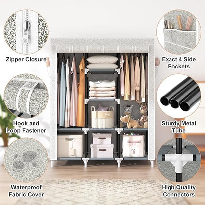 VTRIN Portable Closet Wardrobe for Hanging Clothes with 2 Hanging Rods and 8 Storage Organizer Shelves,Free Standing Clothes Rack with Cover Sturdy Large Wardrobe Closet for Bedroom,Printing
