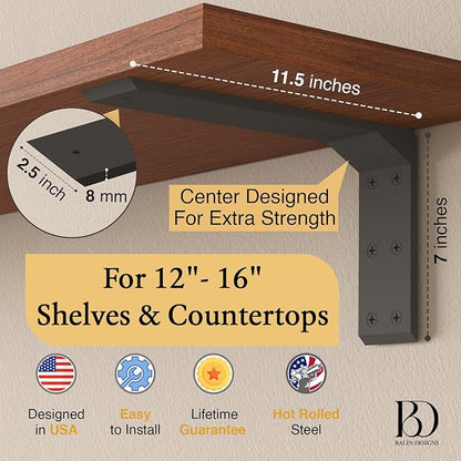 Countertop Brackets 12 –16 Inch Heavy Duty L Bracket – 11.5"x2.5"x7" (5/16" Thick / 8mm) Black Mantel Brackets & Corbels for Granite & Wood Shelves – Floating countertop Support Bracket (Set of 2)