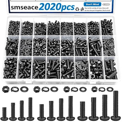 smseace 2020Pcs Metric Screws Assortment Kit 32-Sizes M2/M3/M4/M5/M6 Nuts and Bolts Assortment Kit for Machinery, Furniture, Automotive, 3D Printing, Motorcycle Repairs Metric Screw Assorted