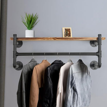 WEBI Wall Mounted Clothes Rack with Shelf,24" Industrial Pipe Clothing Rack with Shelves,Heavy Duty Iron Garment Bar,Retail Display Clothes Rod for Laundry Room,Black
