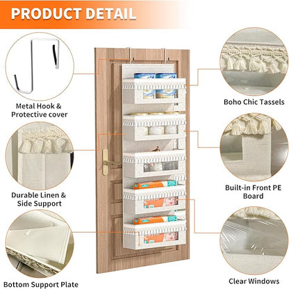 Aokeyee 5 Tier Over The Door Organizer Storage Nursery, Boho Door Organizer Hanging with Tassels and Clear Window, 65lb Behind The Door Storage for Baby Nursery, Bedroom, Bathroom, Laundry, Pantry
