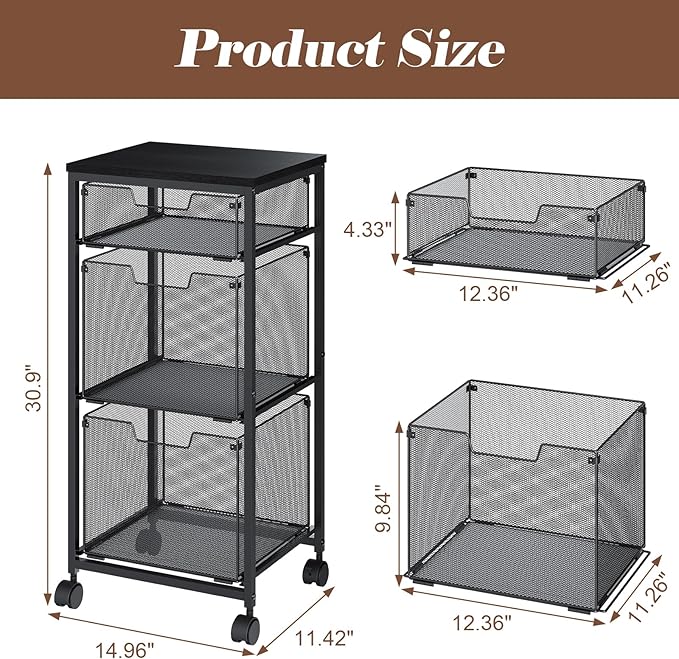3 Drawer Mobile File Cabinet for Home Office, Rolling Filing Cabinet on Lockable Wheels, Hanging File Folders Organizer, Utility Cart Storage and Organizer, Printer Stand, Black