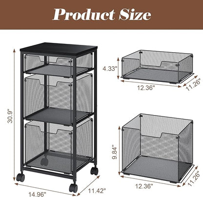 3 Drawer Mobile File Cabinet for Home Office, Rolling Filing Cabinet on Lockable Wheels, Hanging File Folders Organizer, Utility Cart Storage and Organizer, Printer Stand, Black