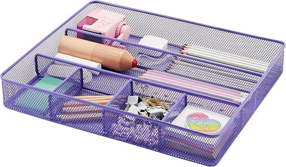 Annova Desk Top Organizer Tray for Office Organization - Metal Mesh - Storage Tray with Dividers for Pens, Desktop Accessories, Bathroom, Kitchen, Makeup and Office Supplies (Large, Purple)