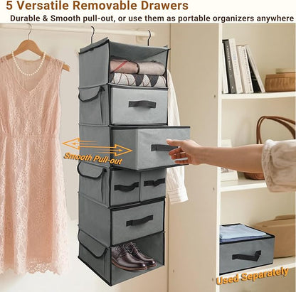 Durable 6-Tier hanging closet organizer with 5 Drawers & 3 Side Pocket,Thickened Fabric Hanging Shelves Holder with Sturdy Hook,Space-saving Storage Organization for Bedroom,Dorm,Guestroom,RV,Bathroom