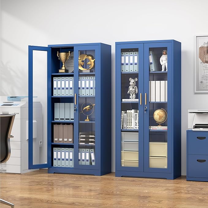 Curio Cabinets with Glass Doors, 71" Glass Display Cabinet with Lock, Tall Bookcase with Adjustable Shelves, Locking China Cabinet for Living Room, School, Commercial, Office, Plant, Blue