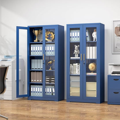 Curio Cabinets with Glass Doors, 71" Glass Display Cabinet with Lock, Tall Bookcase with Adjustable Shelves, Locking China Cabinet for Living Room, School, Commercial, Office, Plant, Blue