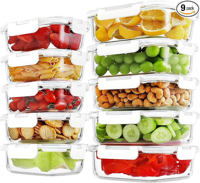 10 Pack Borosilicate Glass Meal Prep Containers with Locking Lids, Glass Food Storage Containers Set, Airtight Lunch Bento Boxes, BPA-Free & Leak Proof, 36oz & 14oz, Freezer, Oven Safe-White