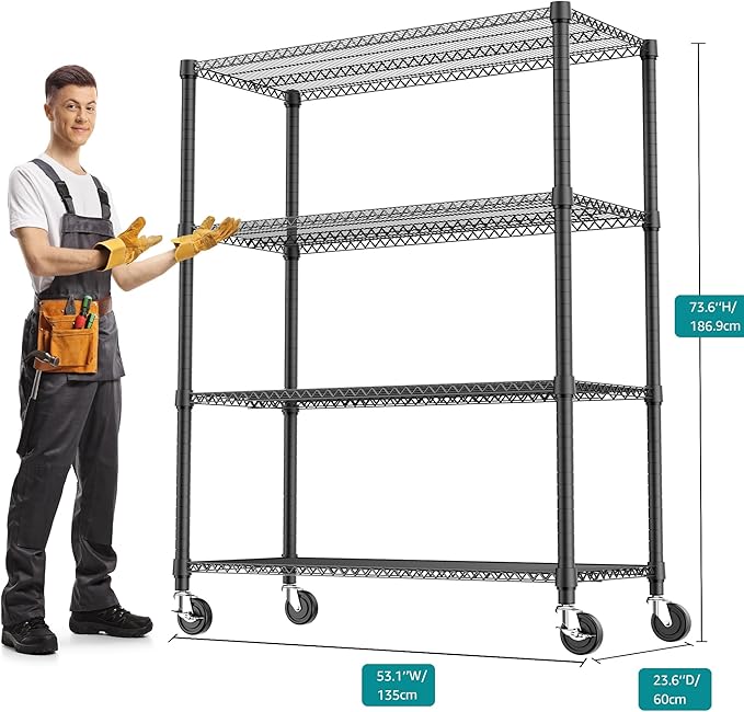 2640LBS 53.1" W 4 Tiers Shelf Steel Storage Shelves Shelving Unit Steel Organizer Wire Rack for Home,Kitchen,Office,Garage Black 23.6" D x 53.1" W x 73.6" H
