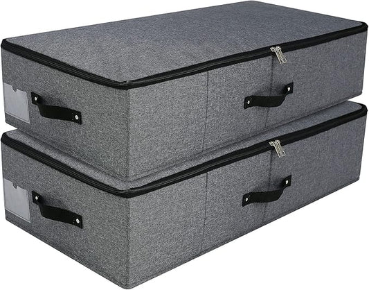 AMJ Foldable Under Bed Storage Basket Container [2 Pack] with Durable Fabric for Clothes, Shoes,Toys, Blanket, Comforter Organizers Bins, Black Grey