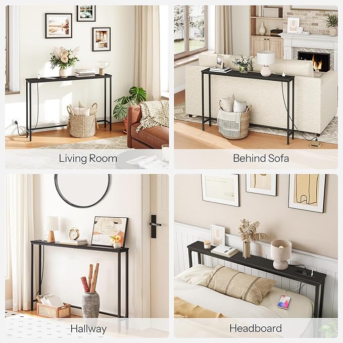 HOOBRO 2 Pack 47.2" Narrow Console Table with Power Outlets, 5.9" Behind Couch Table with Charging Station, Extra Long Sofa Table, Skinny Entryway Table for Living Room, Hallway, Black BB15XGP201G1