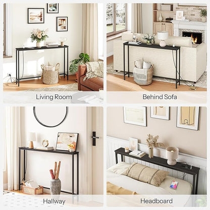 HOOBRO 2 Pack 47.2" Narrow Console Table with Power Outlets, 5.9" Behind Couch Table with Charging Station, Extra Long Sofa Table, Skinny Entryway Table for Living Room, Hallway, Black BB15XGP201G1