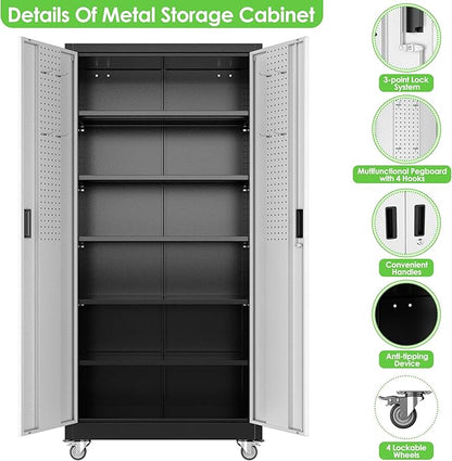 71" H x 34" W x 18" D Garage Storage Cabinet with Wheels and Pegboard, Lockable Metal Storage Cabinet with 5 Adjustable Shelves and 4 Hooks for Garage,Warehouse, Home, Black and Silvery