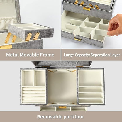 Dajasan Jewelry Organizer Box, Large Velvet Jewelry Boxes for Women Girls, Compact 3 Layers Jewelry Storage Case with Drawer, Movable Metal Stand, Modern, Gift Idea (Grey)
