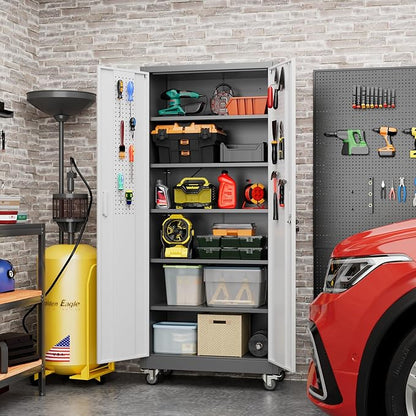 Aobabo 71" H x 32" W x 16" D Garage Storage Cabinet with Wheels, Metal Storage Cabinet with 5 Adjustable Shelves and 4 Hooks for Home Office, Assembly Required, Grey White