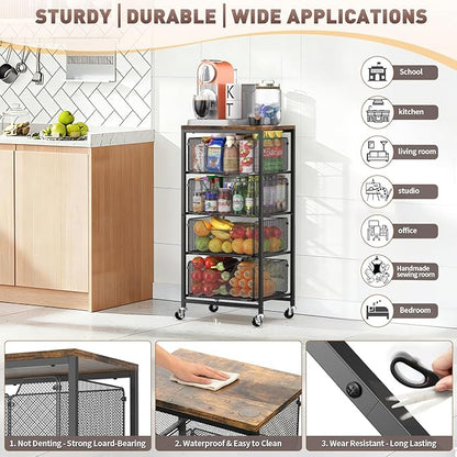 Rolling Cart with Drawers, 4-Tier Utility Cart Storage Organizer with Lockable Wheels, Metal Craft Storage Cart with Wooden Top for Kitchen, Bathroom, School, Studio, Office, Bedroom, Black