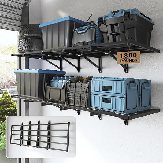 FLEXIMOUNTS Fold-Down 2x6ft Garage Wall Shelving, 2-Pack Heavy Duty Folding Garage Shelving Wall Mounted, 1800 lbs Capacity, Storage for Power Tools, Garden Supplies & Seasonal Storage, Lite Series